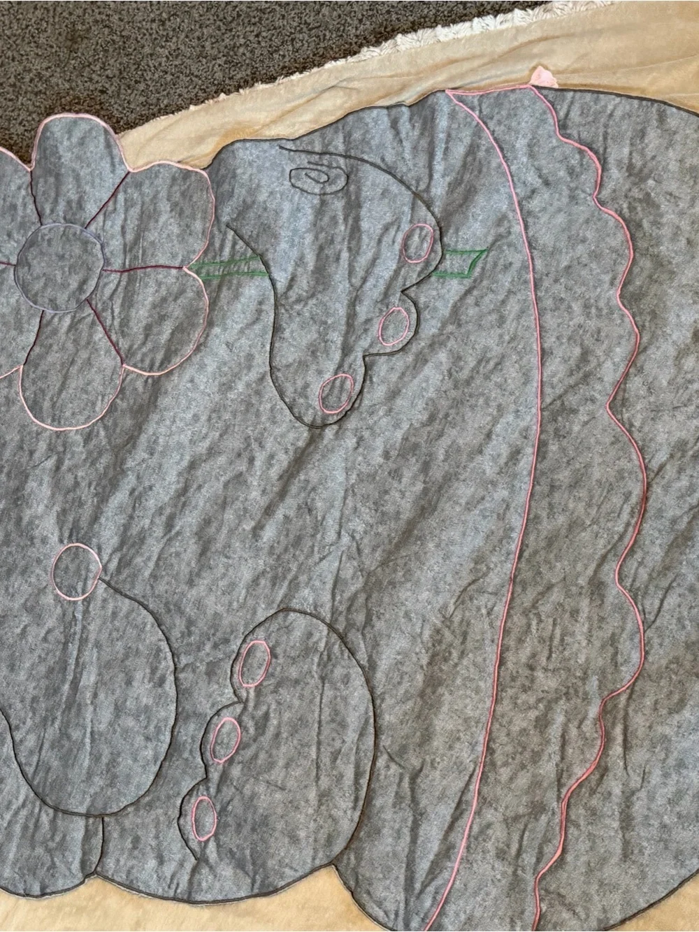 Vintage Handmade Gray Hippo Applique Baby Quilt with Pink Flower